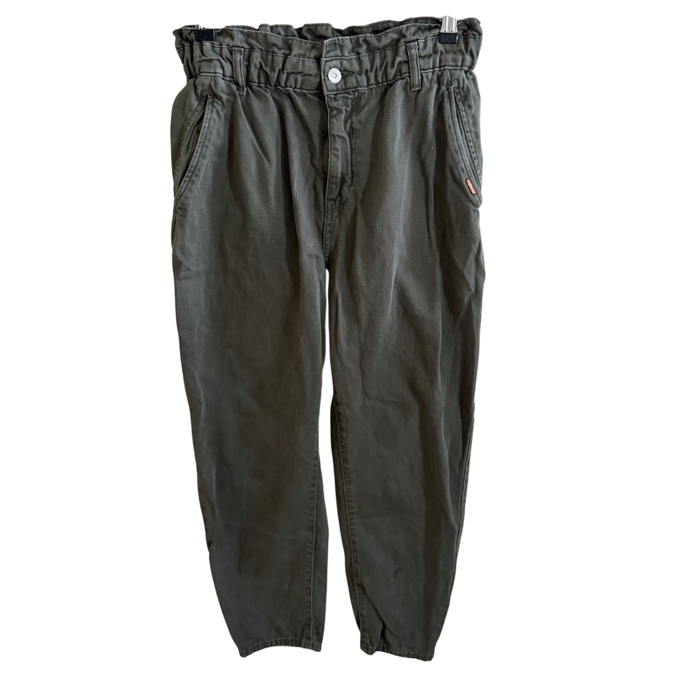 Zara Olive Green Paperbag Waist Tapered Twill Pants Womens Size 6 EUR 38
